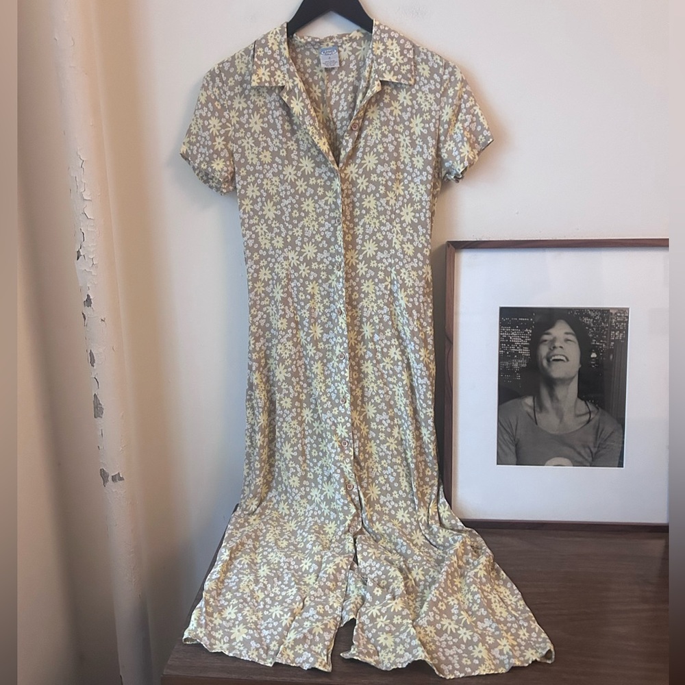 vintage y2k brown yellow floral print midi dress old navy tie back shirt dress